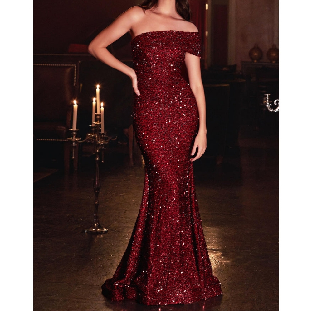 Ladivine burgundy sequined one-shoulder mermaid gown, new!